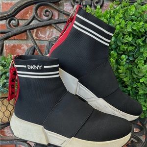 DKNY Intarsia Knit Logo Sock-Style Sneakers; Black Hi-Top/Wedge/Back Zip; Sz 10M